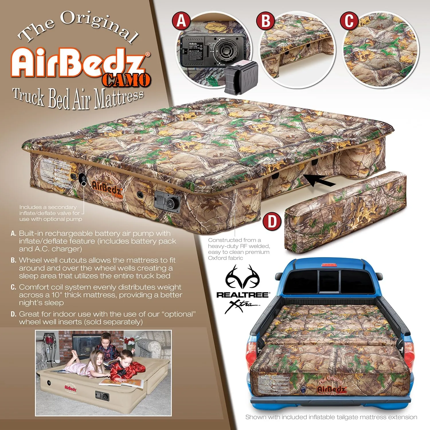 AirBedz by Pittman Outdoors Truck Bed Air Mattress - Full-Size, Long Bed, 8' Long, Built-In Rechargeable Battery Air Pump, Realtree Camo, Carry Bag, Patch Kit, 95"L x 63.5"W x 12"H