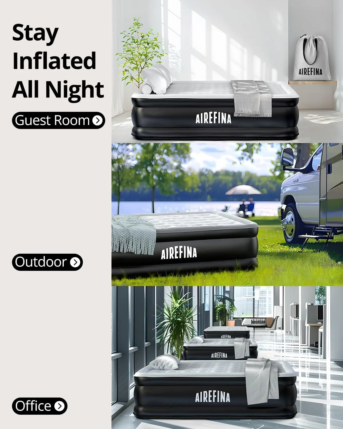 Airefina Air Mattress Queen with Built in Pump, Comfort Blow Up Mattress Queen Size Inflatable Mattress with Portable Carrying Bag for Guest Bed Home, 3 Mins Inflation/Deflation Colchones Inflables