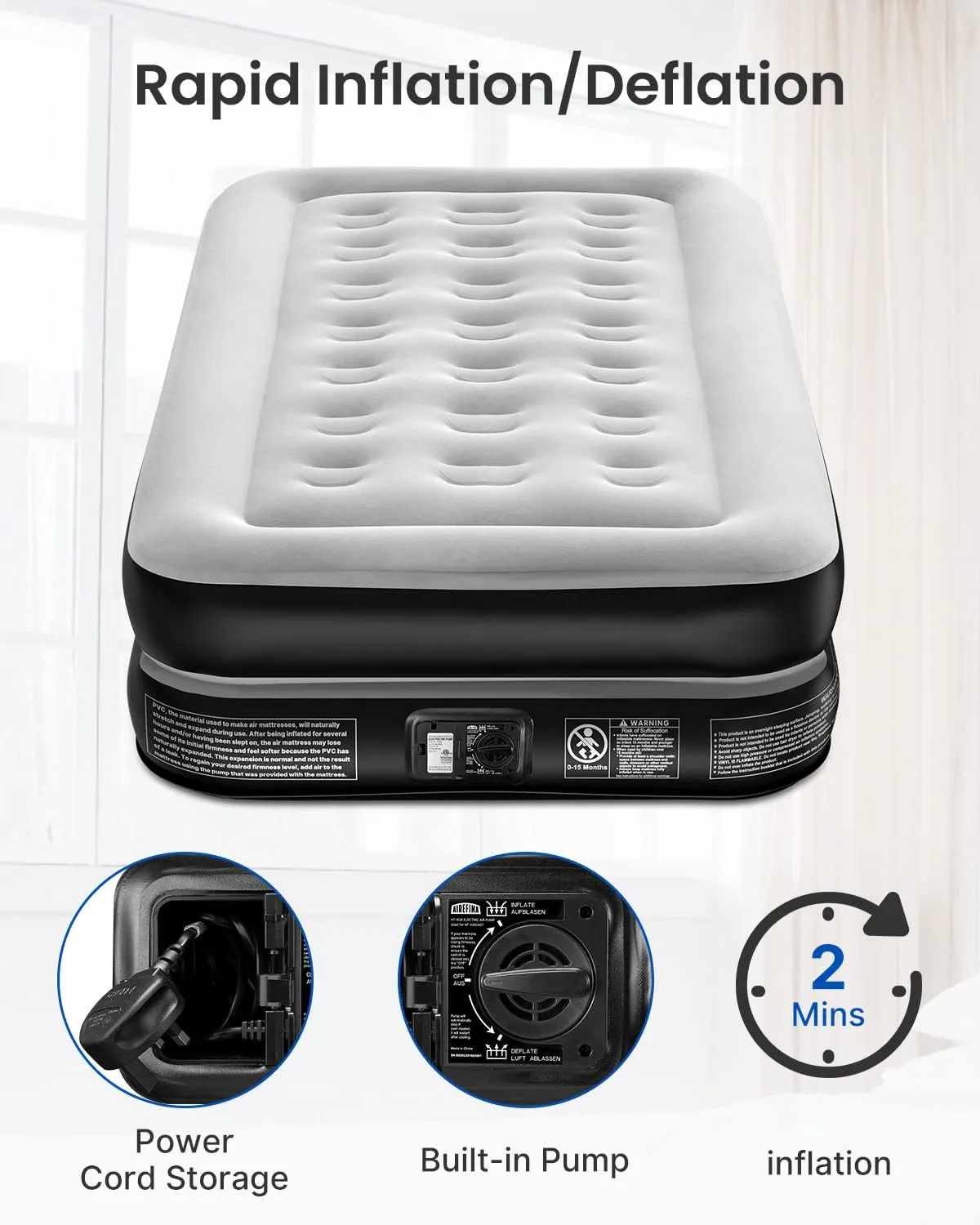 Airefina Twin Air Mattress, Colchones Inflables Blow Up Mattress Twin Size with Built-in Pump Raised 16" Tall Single Camping Anywhere Air Guest Bed with Carrying Bag for Home Travel Family Party