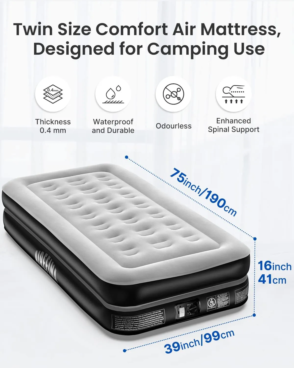 Airefina Twin Air Mattress, Colchones Inflables Blow Up Mattress Twin Size with Built-in Pump Raised 16" Tall Single Camping Anywhere Air Guest Bed with Carrying Bag for Home Travel Family Party