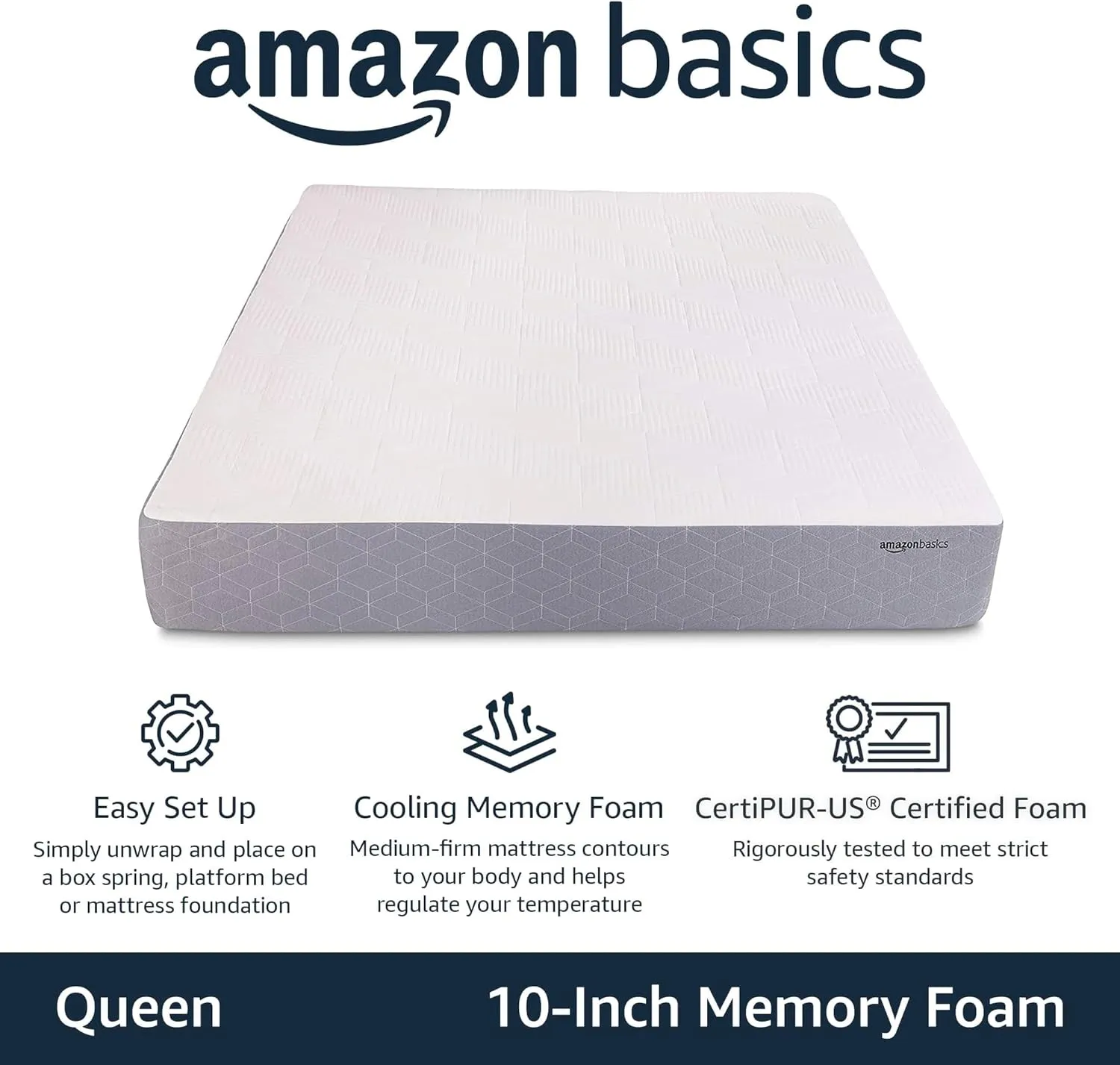 Amazon Basics Memory Foam Mattress, Medium Firm, Cooling Gel, Queen Size Mattress, CertiPUR-US® Certified Foam, 80 x 60 x 10 inches, White/Gray