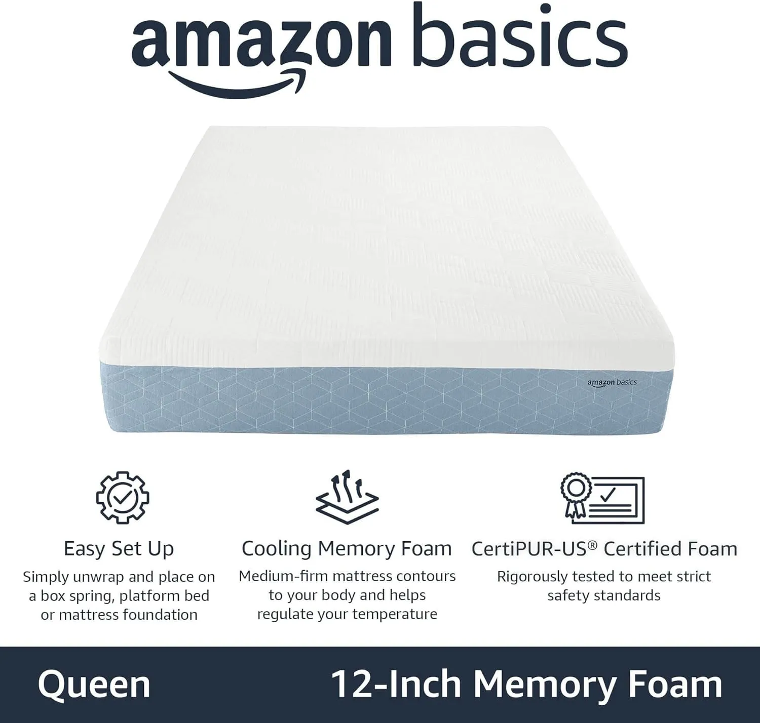 Amazon Basics Memory Foam Mattress, Medium Firm, Cooling Gel, Queen Size Mattress, CertiPUR-US® Certified Foam, 80 x 60 x 12 inches, White/Gray
