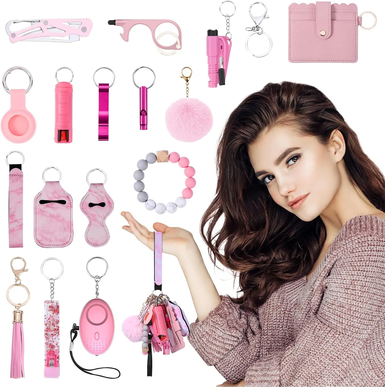 AMIR Safety Keychain Set for Women, Wristlet Strap Keychain with Personal Alarm and Pom Pom Accessories Kit