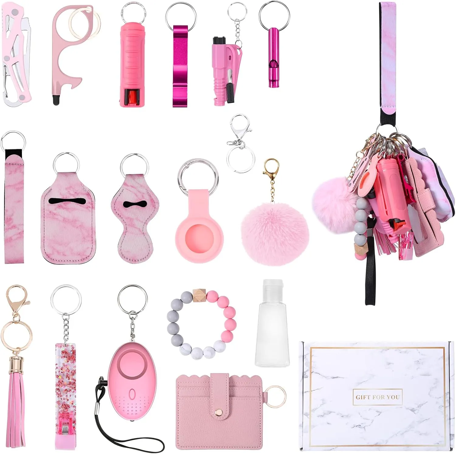 AMIR Safety Keychain Set for Women, Wristlet Strap Keychain with Personal Alarm and Pom Pom Accessories Kit