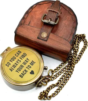 Antique Brass 2 Inch Compass | So You Can Always Find Your Way Back to Me | Engraved Pocket Chain Compass with Leather Case for Outdoor Hiking Traveling Use