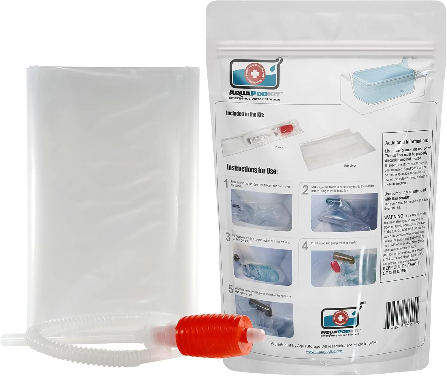 AquaPod Kit 2.0 Emergency Water Storage Bladder USA Made BPA Free Hurricane Survival Bathtub Drinking Solution Expandable Capacity in Bag