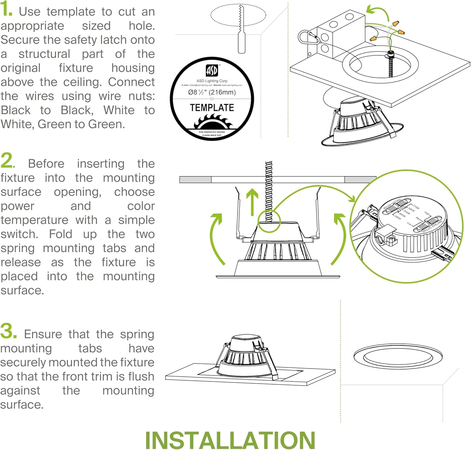 ASD Commercial LED Downlight 8 Inch, Round Power Adjustable Downlights 16/22/26/30/35W, Canless LED Recessed Lighting 120-277V, 5 CCT 2700K-5000K, Dimmable Ceiling Light Fixture, IC Rated, White, ETL