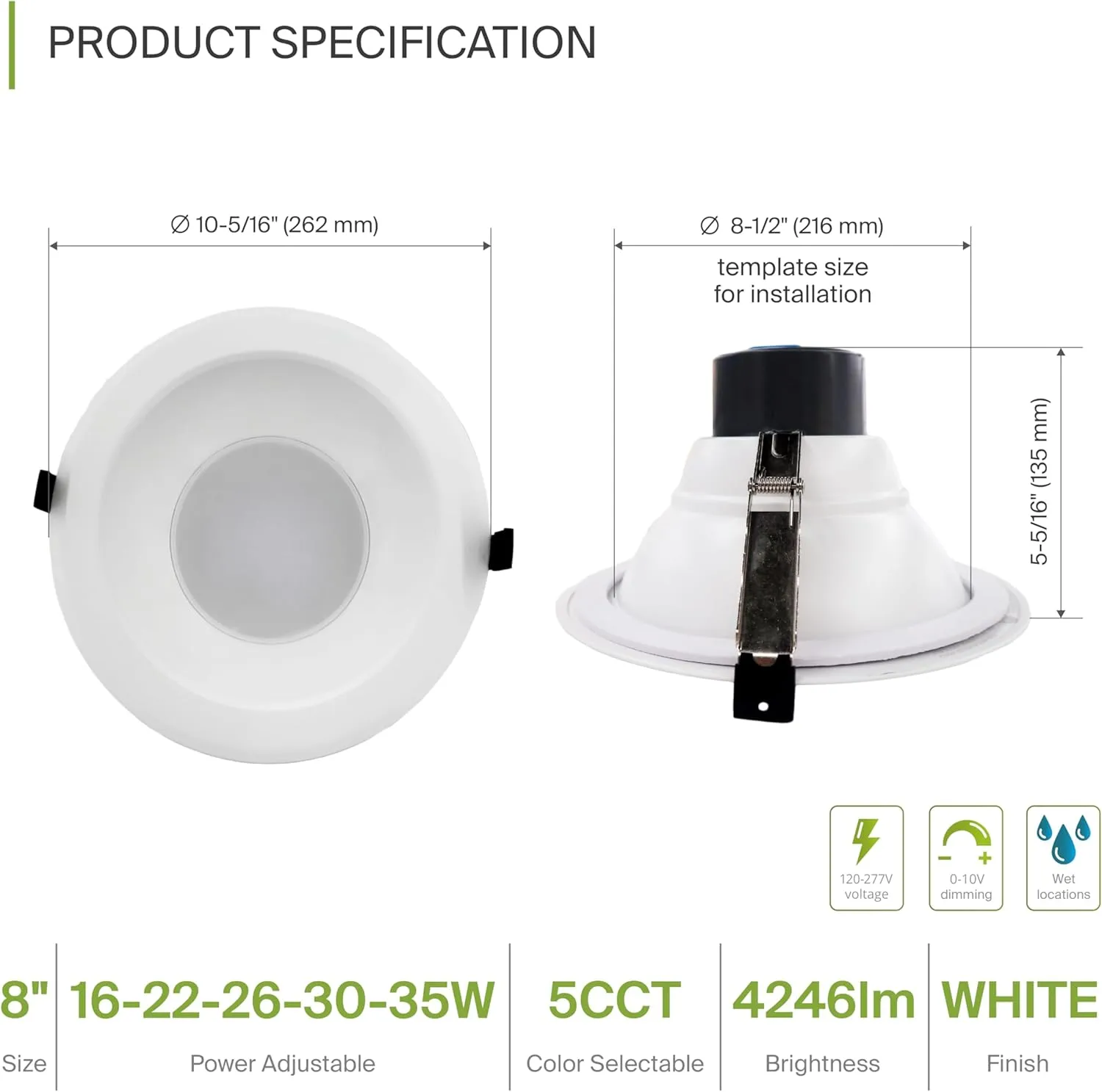 ASD Commercial LED Downlight 8 Inch, Round Power Adjustable Downlights 16/22/26/30/35W, Canless LED Recessed Lighting 120-277V, 5 CCT 2700K-5000K, Dimmable Ceiling Light Fixture, IC Rated, White, ETL