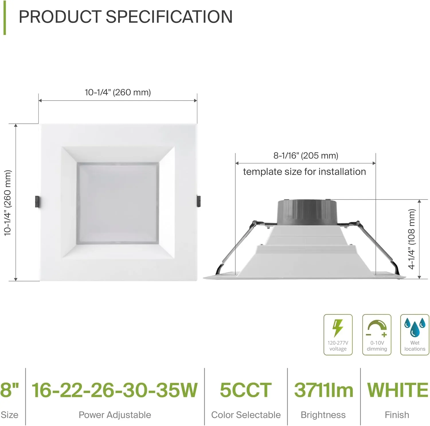 ASD Commercial LED Downlight 8 Inch, Square Power Adjustable Downlights 16/22/26/30/35W, Canless LED Recessed Lighting 120-277V, 5 CCT 2700K-5000K, Dimmable Ceiling Light Fixture, IC Rated, White ETL