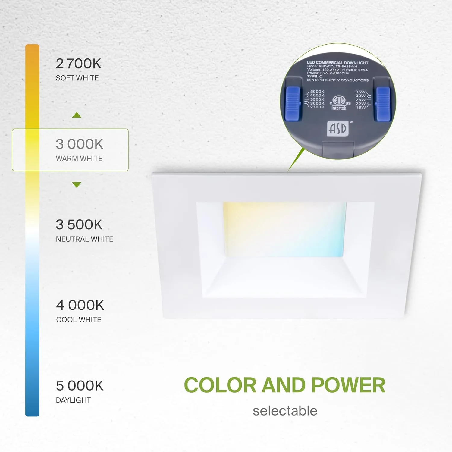 ASD Commercial LED Downlight 8 Inch, Square Power Adjustable Downlights 16/22/26/30/35W, Canless LED Recessed Lighting 120-277V, 5 CCT 2700K-5000K, Dimmable Ceiling Light Fixture, IC Rated, White ETL
