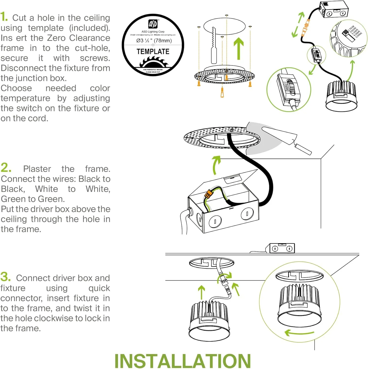 ASD Trimless 3 Inch Gimbal LED Recessed Light, 12W 120V Canless LED Downlight, Adjustable Dimmable Directional Ceiling Light with J-Box, 5 CCT 2700K-5000K, CRI 90 , IC Rated, Airtight, ETL, White