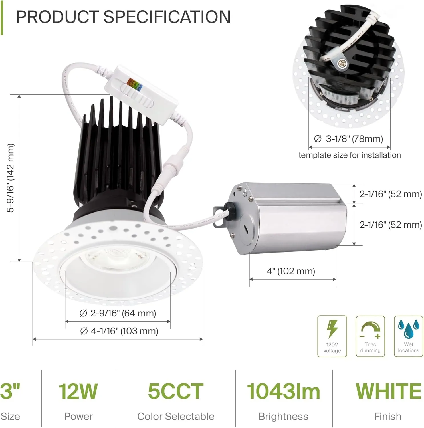 ASD Trimless 3 Inch Gimbal LED Recessed Light, 12W 120V Canless LED Downlight, Adjustable Dimmable Directional Ceiling Light with J-Box, 5 CCT 2700K-5000K, CRI 90 , IC Rated, Airtight, ETL, White