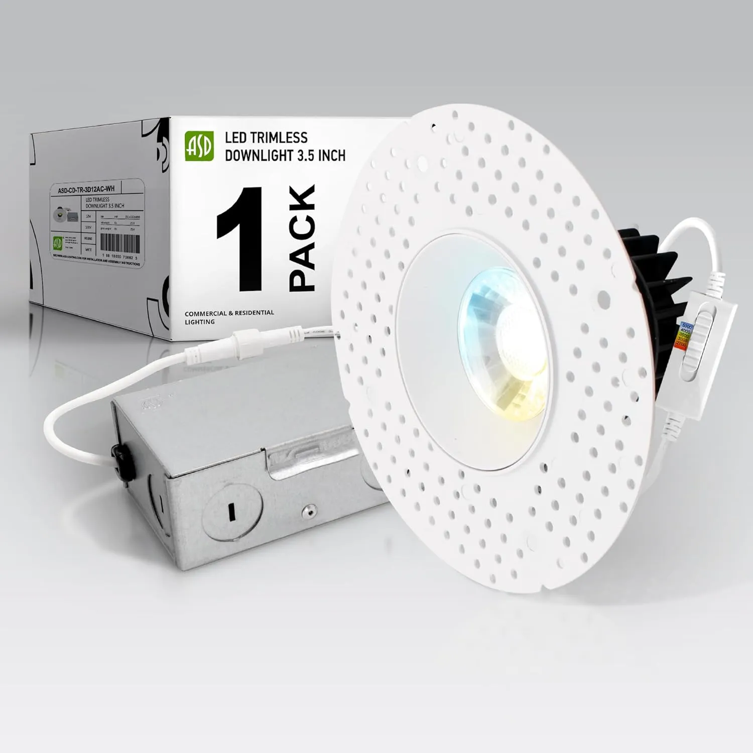 ASD Trimless 3 Inch LED Recessed Light, 12W 120V Round Commercial Downlight, Canless Dimmable Lights for Ceiling with J-Box, 5 CCT 2700K-5000K, CRI 90 , IC Rated, ETL, Energy Star, White