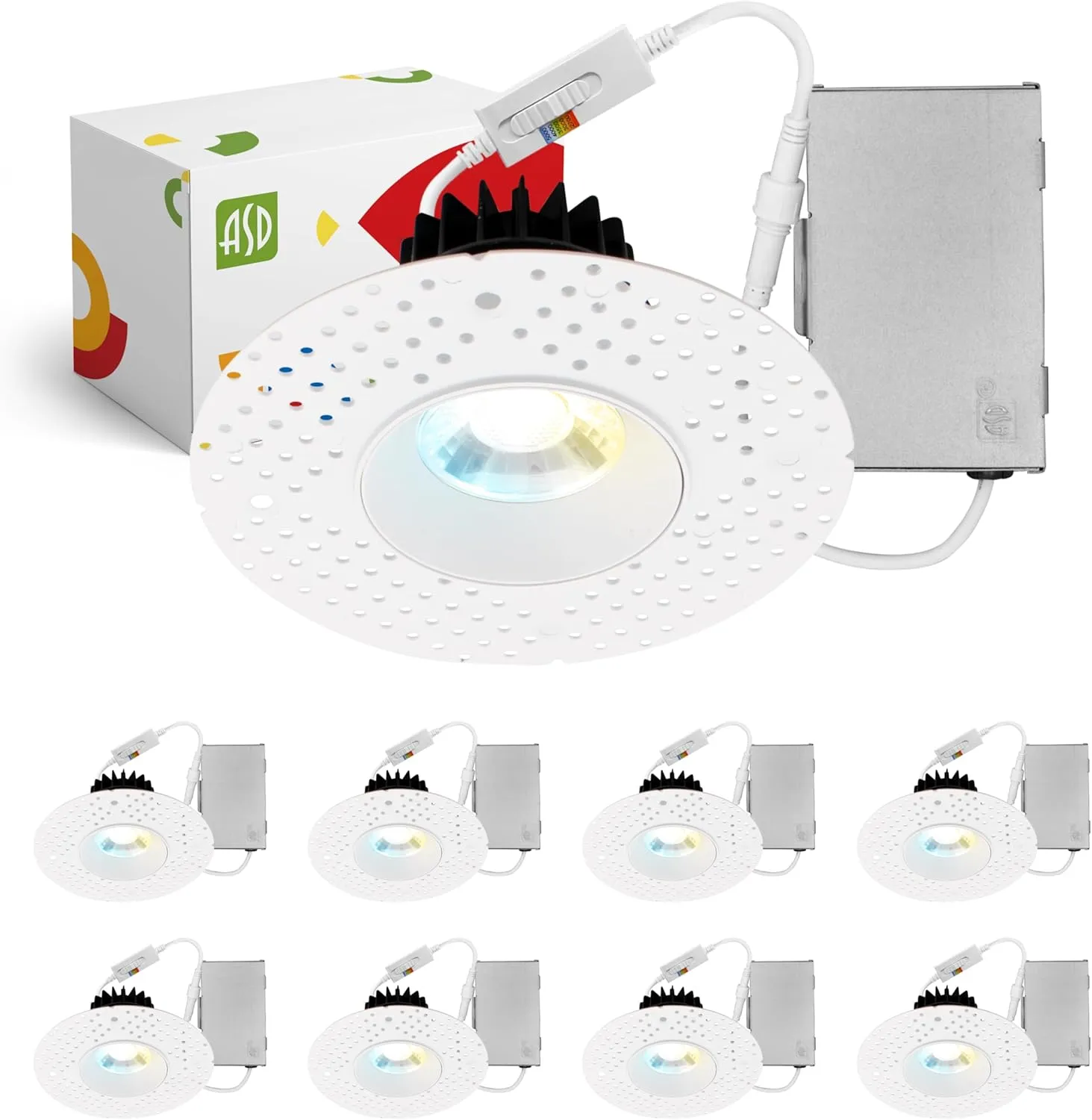 ASD Trimless 3 Inch LED Recessed Light, 12W 120V Triac Round Commercial Downlight, Canless Dimmable Lights for Ceiling with J-Box, 5 CCT 2700K-5000K, CRI 90 , IC Rated, ETL, White, 8 Pack
