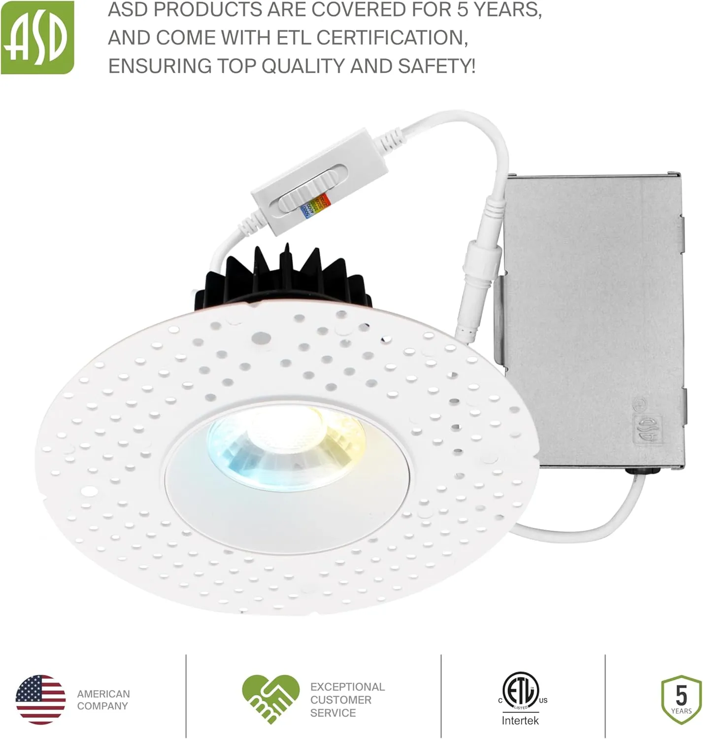 ASD Trimless 3 Inch LED Recessed Light, 12W 120V Triac Round Commercial Downlight, Canless Dimmable Lights for Ceiling with J-Box, 5 CCT 2700K-5000K, CRI 90 , IC Rated, ETL, White, 8 Pack