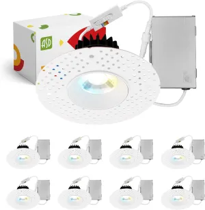 ASD Trimless 3 Inch LED Recessed Light, 12W 120V Triac Round Commercial Downlight, Canless Dimmable Lights for Ceiling with J-Box, 5 CCT 2700K-5000K, CRI 90 , IC Rated, ETL, White, 8 Pack