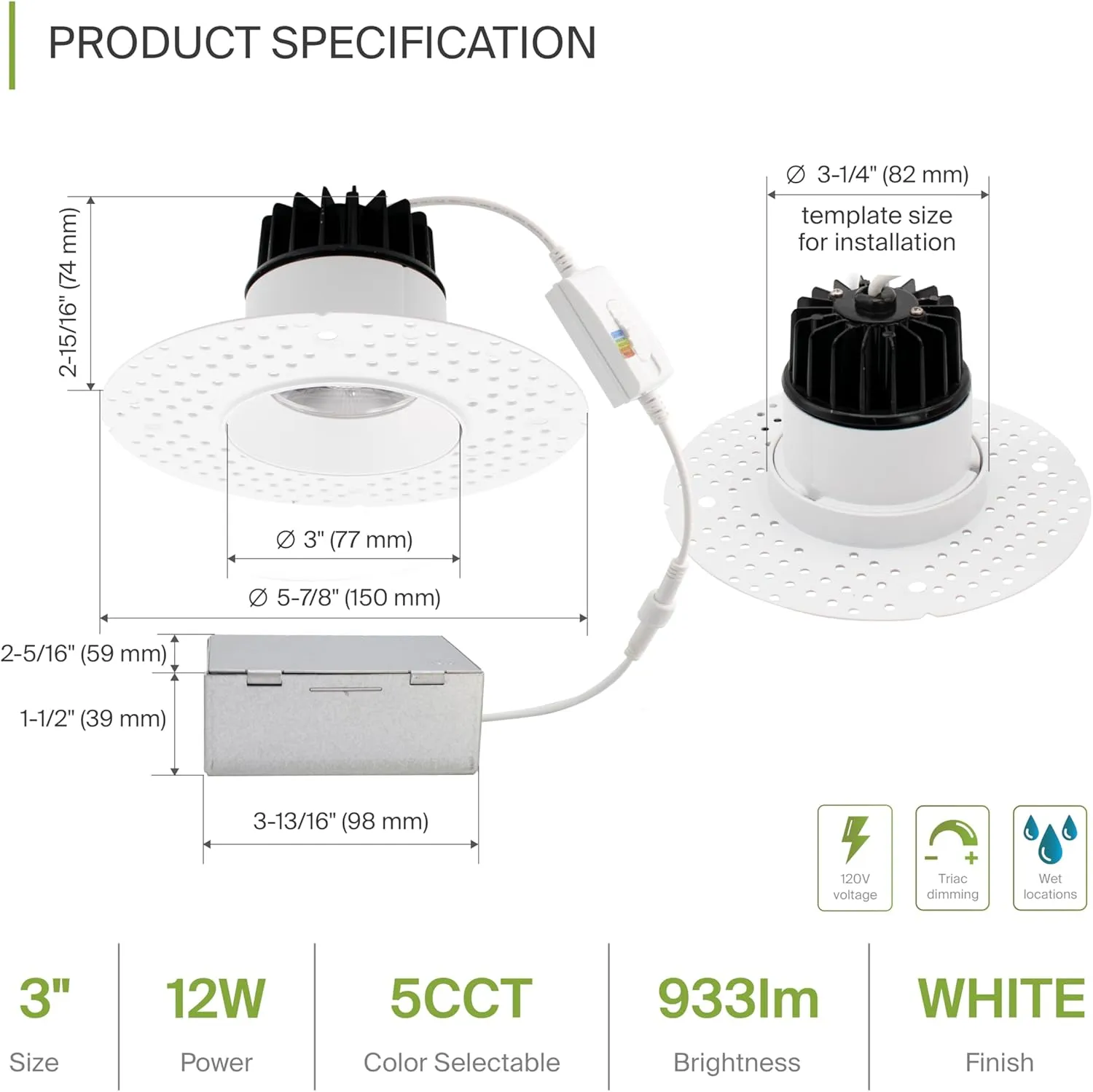 ASD Trimless 3 Inch LED Recessed Light, 12W 120V Triac Round Commercial Downlight, Canless Dimmable Lights for Ceiling with J-Box, 5 CCT 2700K-5000K, CRI 90 , IC Rated, ETL, White, 8 Pack