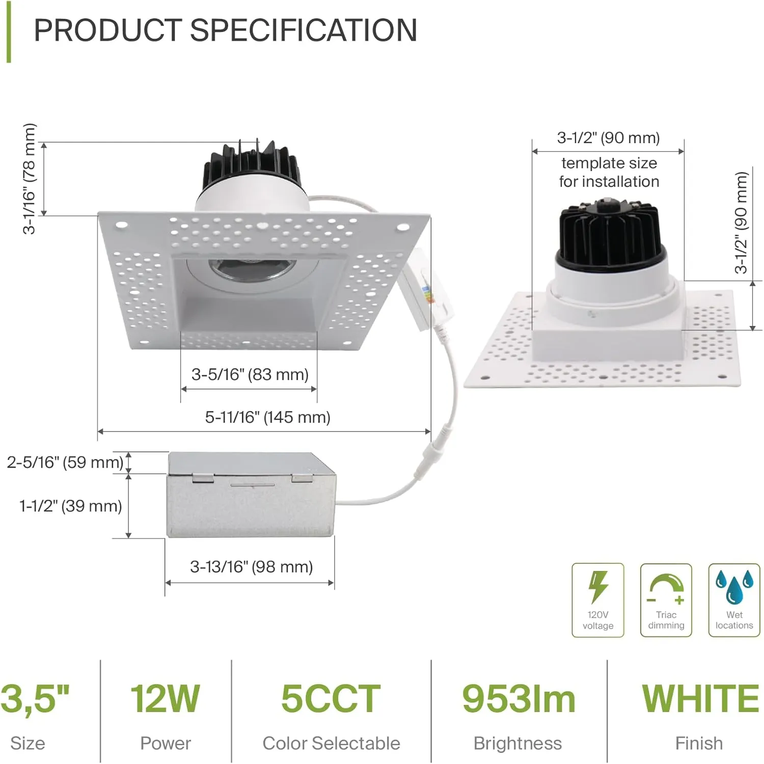 ASD Trimless 3 Inch LED Recessed Lighting, 12W 120V Commercial Square Downlight, Canless Dimmable Lights for Ceiling with J-Box, 5 CCT 2700K-5000K, CRI 90 , IC Rated, ETL, White