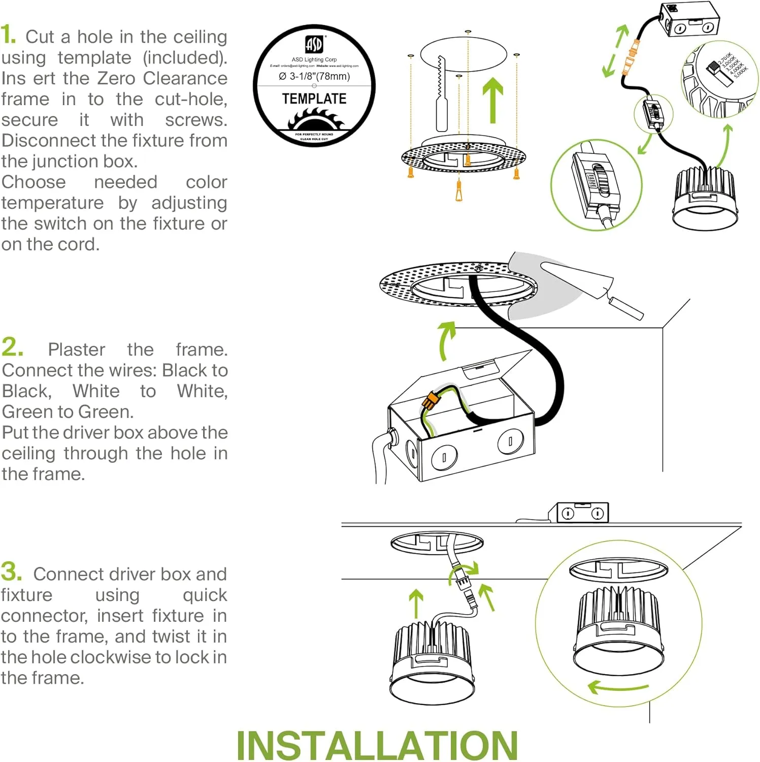 ASD Trimless Gimbal LED Recessed Lighting 2 Inch, 8W 120V LED Downlight, Adjustable Dimmable Directional Ceiling Light with J-Box, 5 CCT 2700K-5000K, CRI 90  IC Rated, Airtight, ETL Energy Star, Black