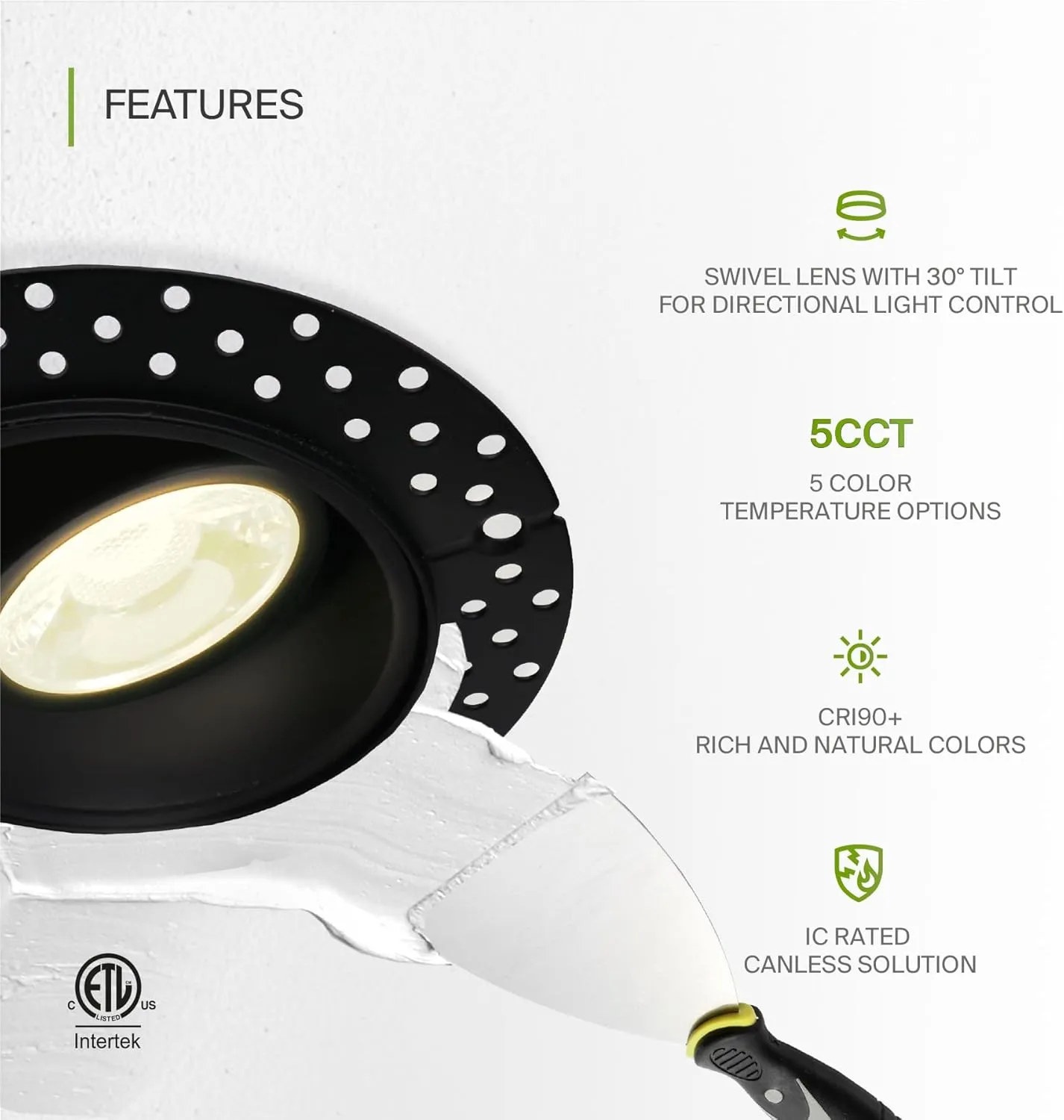 ASD Trimless Gimbal LED Recessed Lighting 2 Inch, 8W 120V LED Downlight, Adjustable Dimmable Directional Ceiling Light with J-Box, 5 CCT 2700K-5000K, CRI 90  IC Rated, Airtight, ETL Energy Star, Black