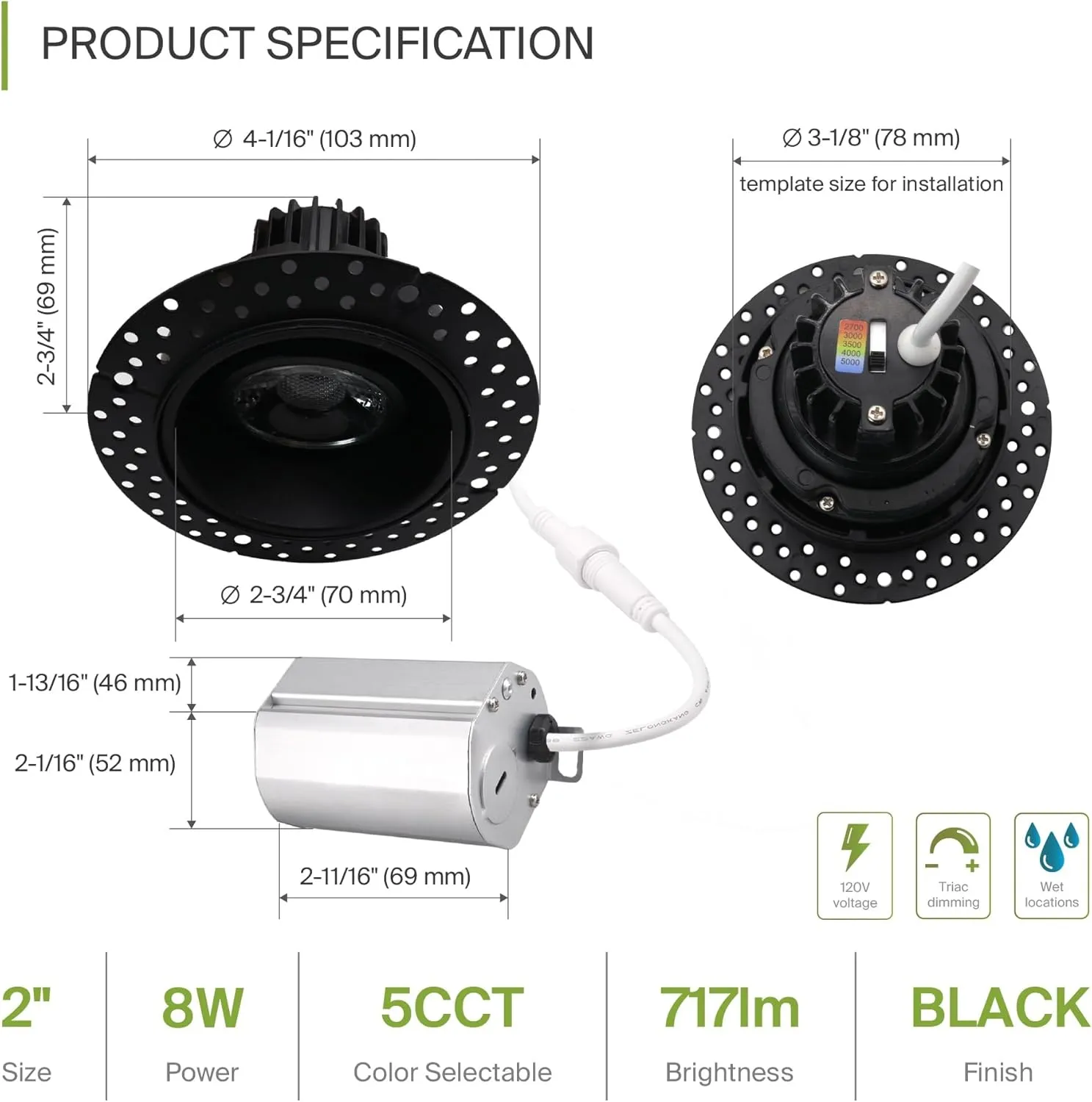ASD Trimless Gimbal LED Recessed Lighting 2 Inch, 8W 120V LED Downlight, Adjustable Dimmable Directional Ceiling Light with J-Box, 5 CCT 2700K-5000K, CRI 90  IC Rated, Airtight, ETL Energy Star, Black