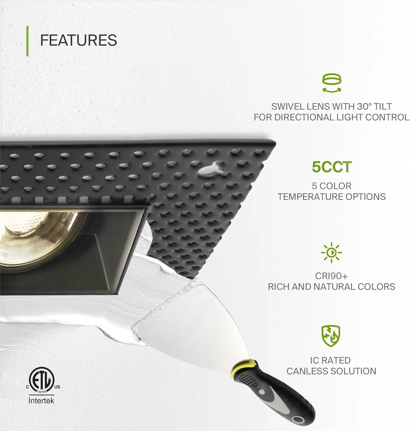 ASD Trimless Gimbal LED Recessed Lighting 2 Inch, 8W 120V Square LED Downlight, Adjustable Dimmable Directional Ceiling Light with J-Box, 5 CCT 2700K-5000K, CRI 90 , IC Rated, Airtight, ETL, Black