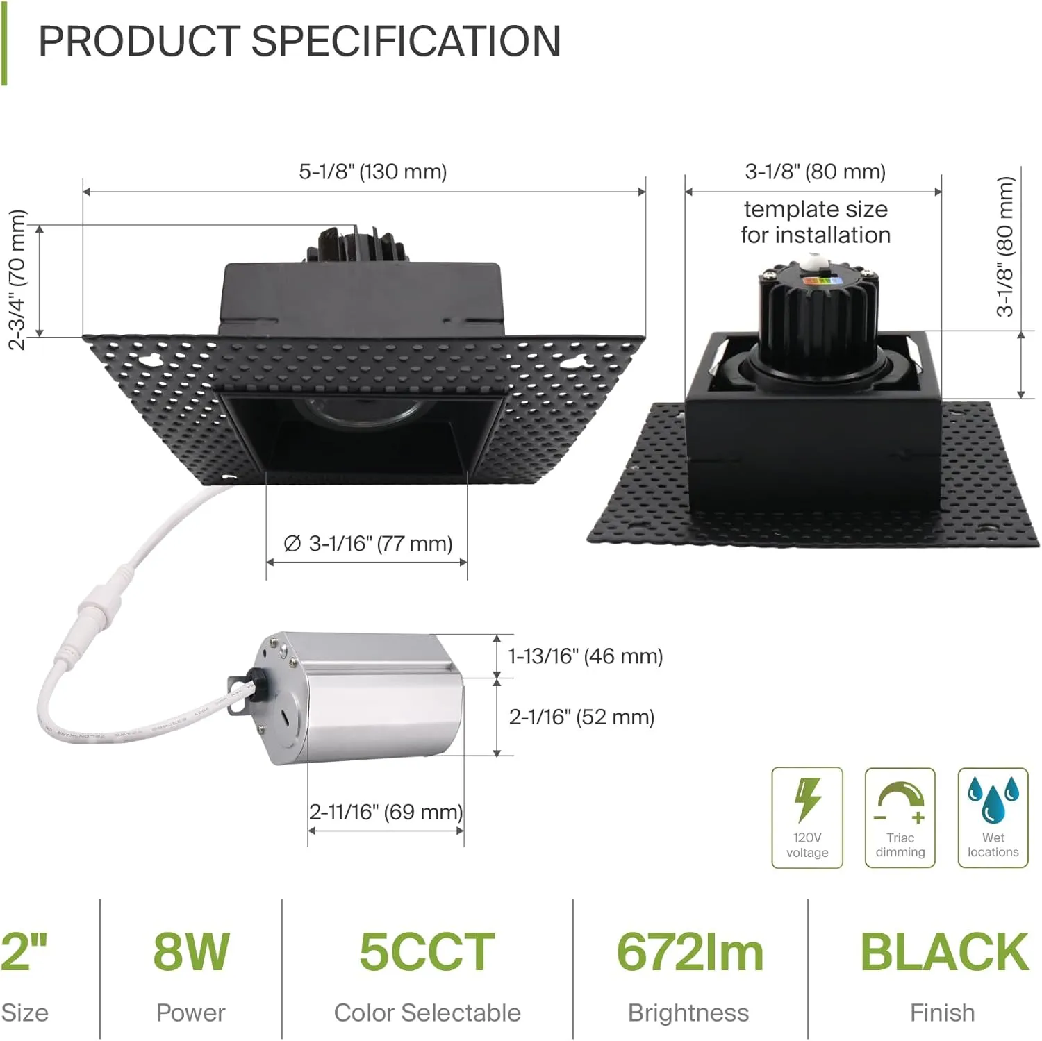 ASD Trimless Gimbal LED Recessed Lighting 2 Inch, 8W 120V Square LED Downlight, Adjustable Dimmable Directional Ceiling Light with J-Box, 5 CCT 2700K-5000K, CRI 90 , IC Rated, Airtight, ETL, Black