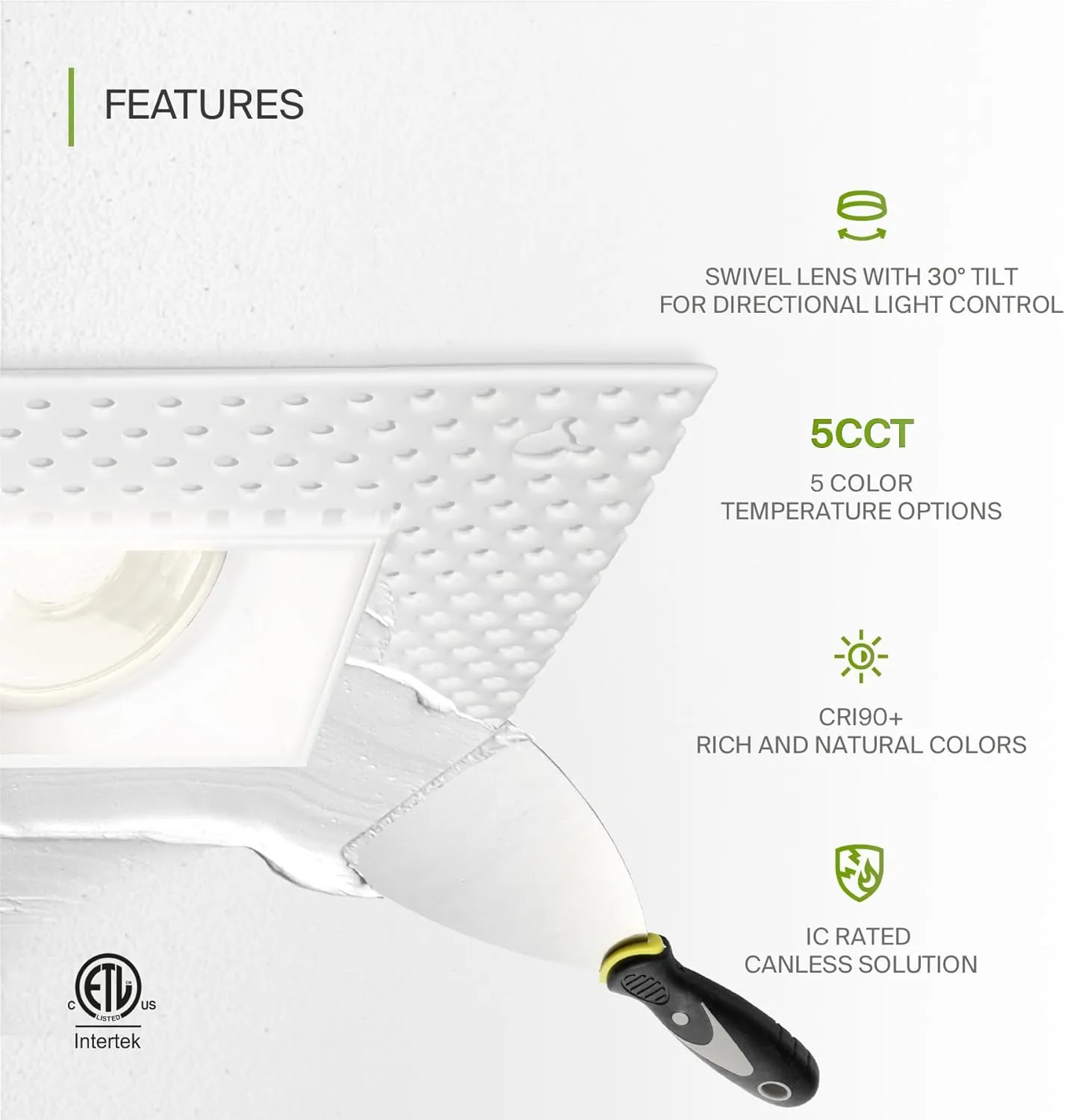 ASD Trimless Gimbal LED Recessed Lighting 2 Inch, 8W 120V Square LED Downlight, Adjustable Dimmable Directional Ceiling Light with J-Box, 5 CCT 2700K-5000K, CRI 90 , IC Rated, Airtight, ETL, White