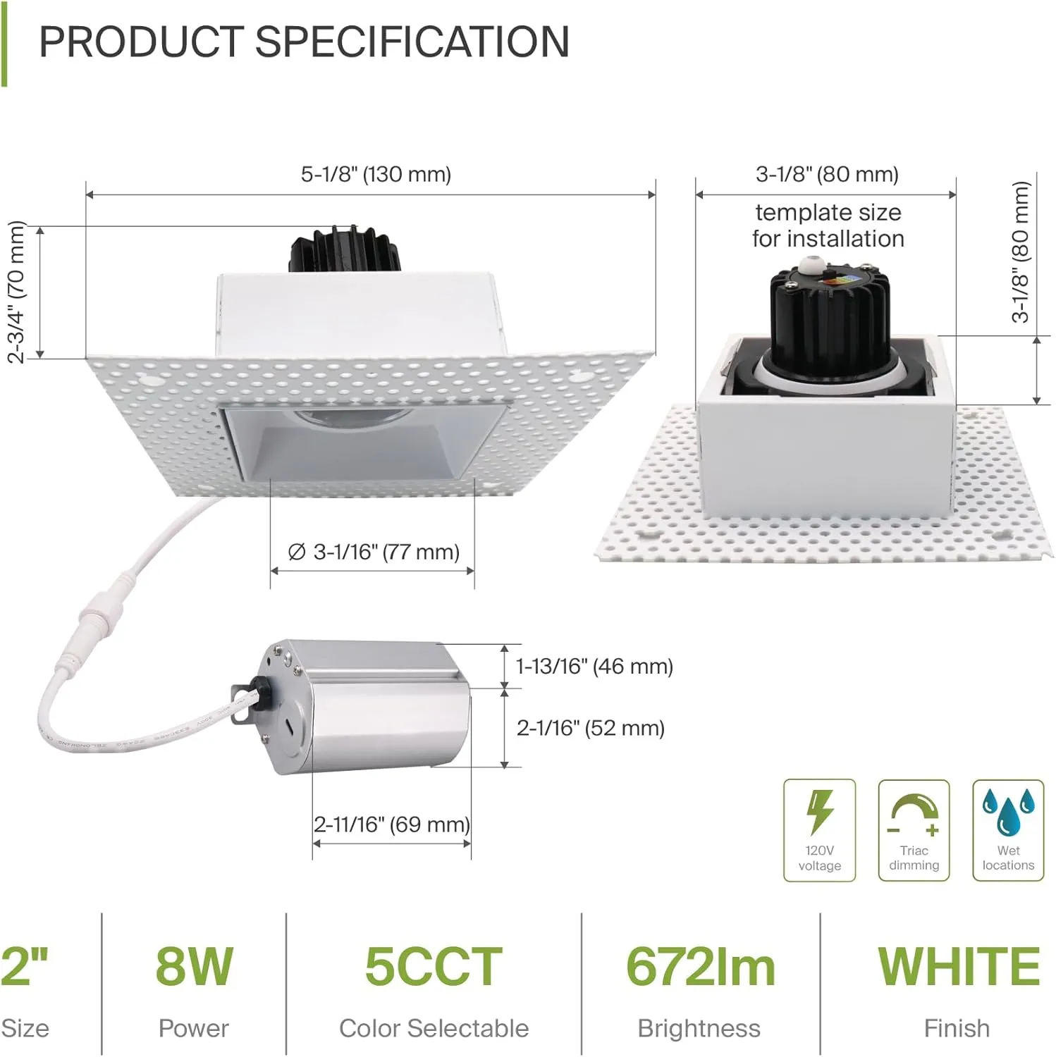 ASD Trimless Gimbal LED Recessed Lighting 2 Inch, 8W 120V Square LED Downlight, Adjustable Dimmable Directional Ceiling Light with J-Box, 5 CCT 2700K-5000K, CRI 90 , IC Rated, Airtight, ETL, White