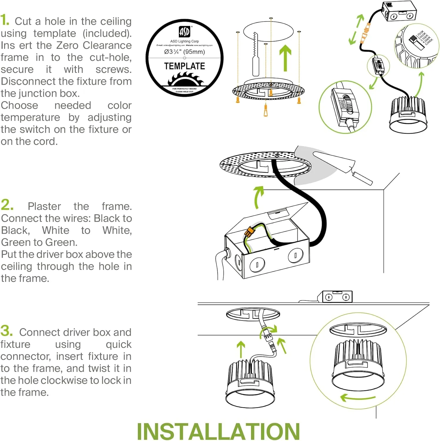 ASD Trimless LED Recessed Lighting 4 Inch, 15W 120V Round Commercial Downlight, Canless Dimmable Lights for Ceiling with J-Box, 5 CCT 2700K-5000K, CRI 90 , IC Rated, ETL, Energy Star, Black