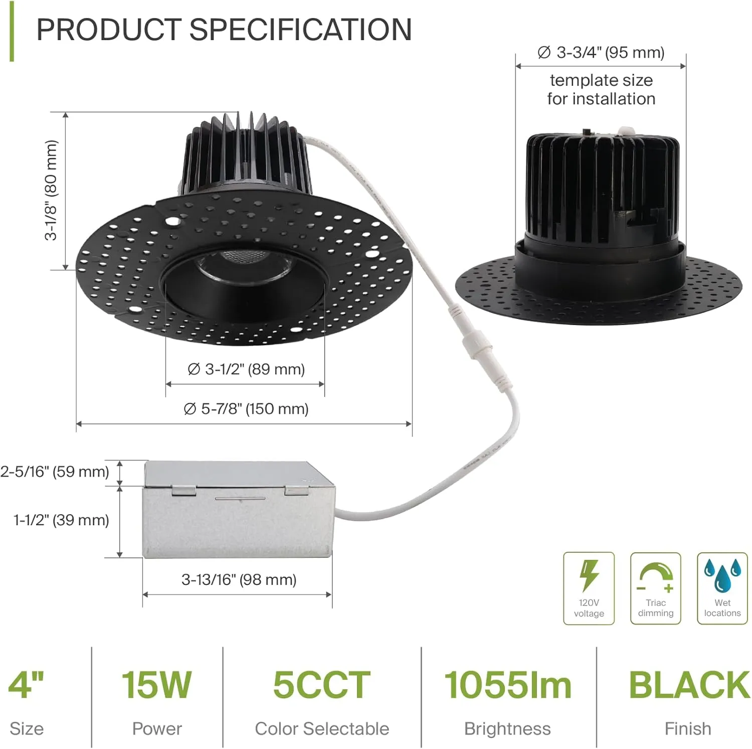 ASD Trimless LED Recessed Lighting 4 Inch, 15W 120V Round Commercial Downlight, Canless Dimmable Lights for Ceiling with J-Box, 5 CCT 2700K-5000K, CRI 90 , IC Rated, ETL, Energy Star, Black