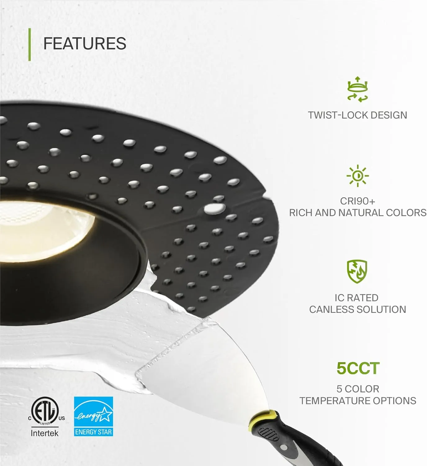 ASD Trimless LED Recessed Lighting 4 Inch, 15W 120V Round Commercial Downlight, Canless Dimmable Lights for Ceiling with J-Box, 5 CCT 2700K-5000K, CRI 90 , IC Rated, ETL, Energy Star, Black