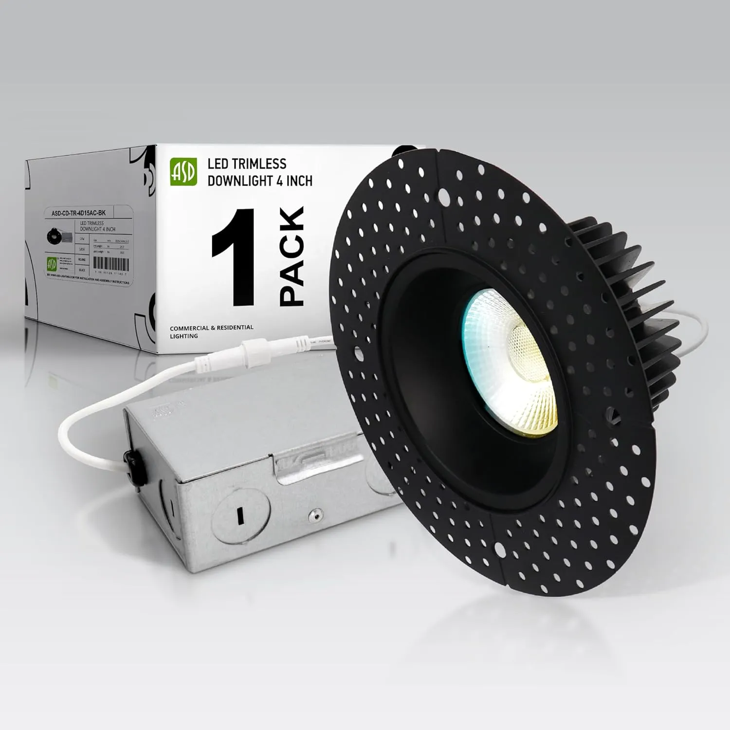 ASD Trimless LED Recessed Lighting 4 Inch, 15W 120V Round Commercial Downlight, Canless Dimmable Lights for Ceiling with J-Box, 5 CCT 2700K-5000K, CRI 90 , IC Rated, ETL, Energy Star, Black