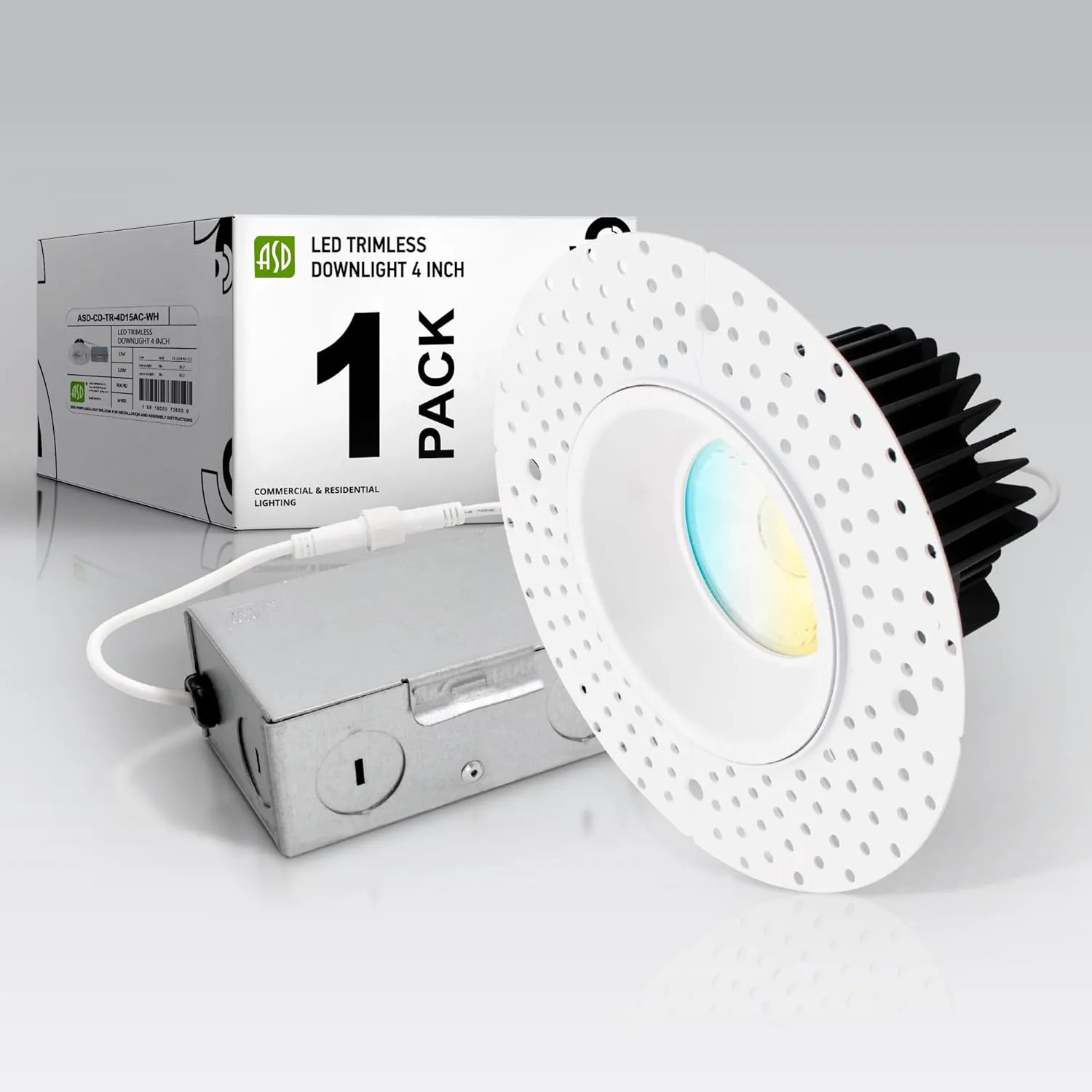 ASD Trimless LED Recessed Lighting 4 Inch, 15W 120V Round Commercial Downlight, Canless Dimmable Lights for Ceiling with J-Box, 5 CCT 2700K-5000K, CRI 90 , IC Rated, ETL, Energy Star, White