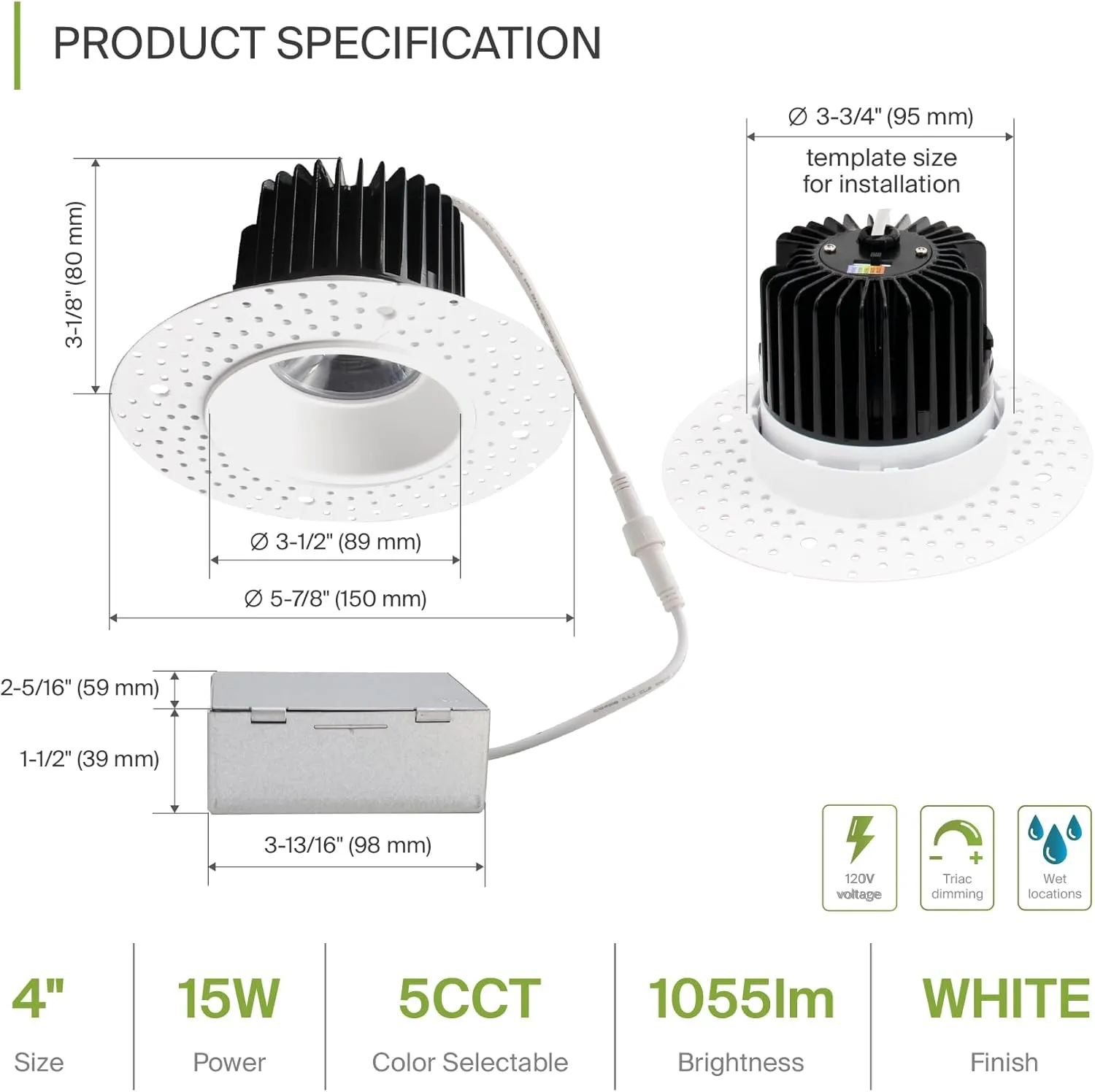 ASD Trimless LED Recessed Lighting 4 Inch, 15W 120V Round Commercial Downlight, Canless Dimmable Lights for Ceiling with J-Box, 5 CCT 2700K-5000K, CRI 90 , IC Rated, ETL, Energy Star, White