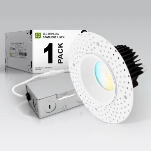 ASD Trimless LED Recessed Lighting 4 Inch, 15W 120V Round Commercial Downlight, Canless Dimmable Lights for Ceiling with J-Box, 5 CCT 2700K-5000K, CRI 90 , IC Rated, ETL, Energy Star, White