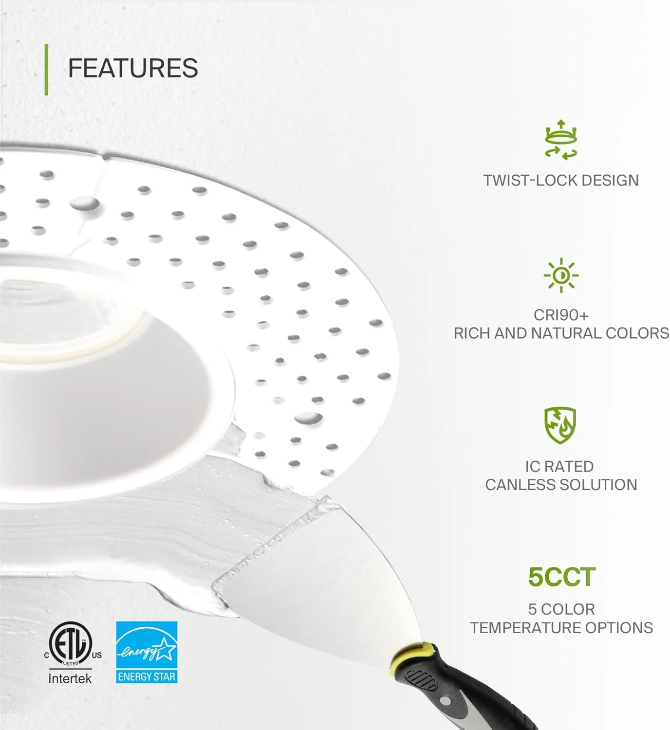 ASD Trimless LED Recessed Lighting 4 Inch, 15W 120V Round Commercial Downlight, Canless Dimmable Lights for Ceiling with J-Box, 5 CCT 2700K-5000K, CRI 90 , IC Rated, ETL, Energy Star, White