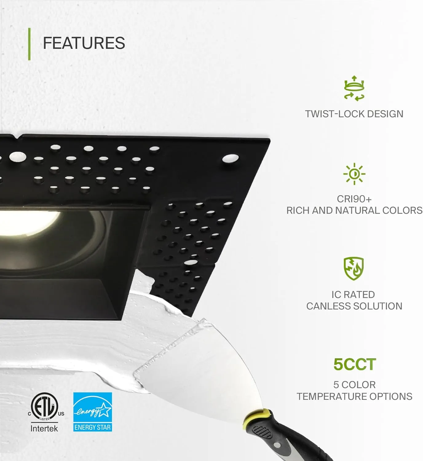 ASD Trimless LED Recessed Lighting 4 Inch, 15W 120V Square Commercial Downlight, Canless Dimmable Lights for Ceiling with J-Box, 5 CCT 2700K-5000K, CRI 90 , IC Rated, ETL, Energy Star, Black