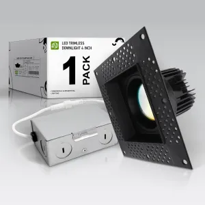 ASD Trimless LED Recessed Lighting 4 Inch, 15W 120V Square Commercial Downlight, Canless Dimmable Lights for Ceiling with J-Box, 5 CCT 2700K-5000K, CRI 90 , IC Rated, ETL, Energy Star, Black