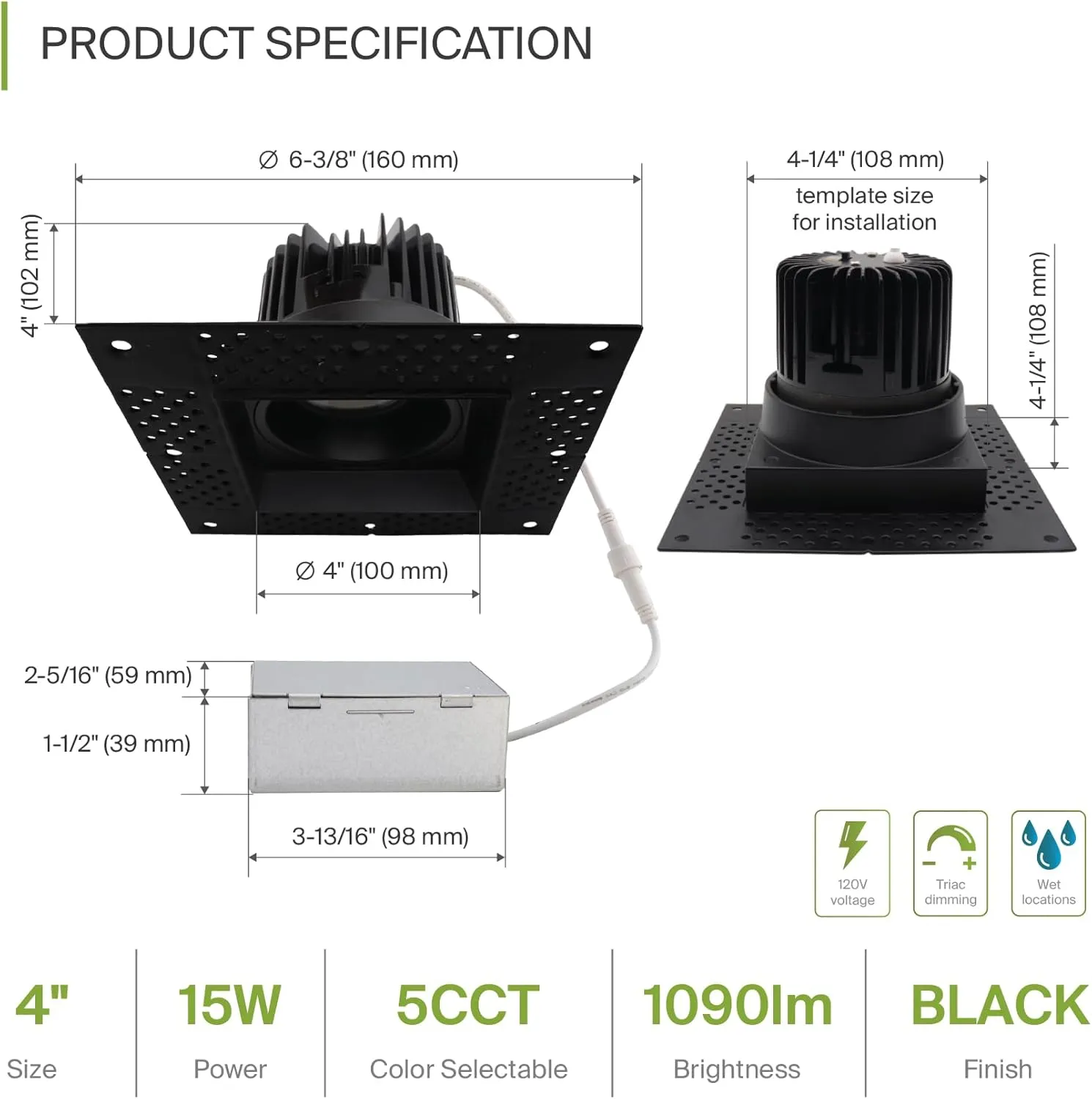 ASD Trimless LED Recessed Lighting 4 Inch, 15W 120V Square Commercial Downlight, Canless Dimmable Lights for Ceiling with J-Box, 5 CCT 2700K-5000K, CRI 90 , IC Rated, ETL, Energy Star, Black