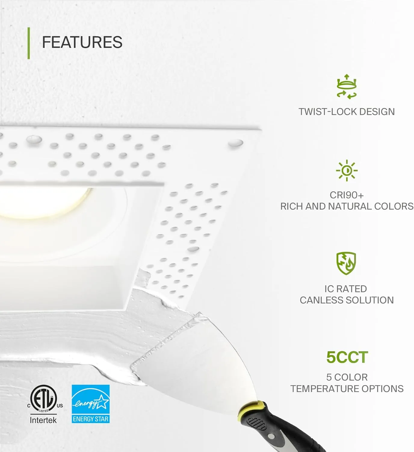 ASD Trimless LED Recessed Lighting 4 Inch, 15W 120V Square Commercial Downlight, Canless Dimmable Lights for Ceiling with J-Box, 5 CCT 2700K-5000K, CRI 90 , IC Rated, ETL, Energy Star, White