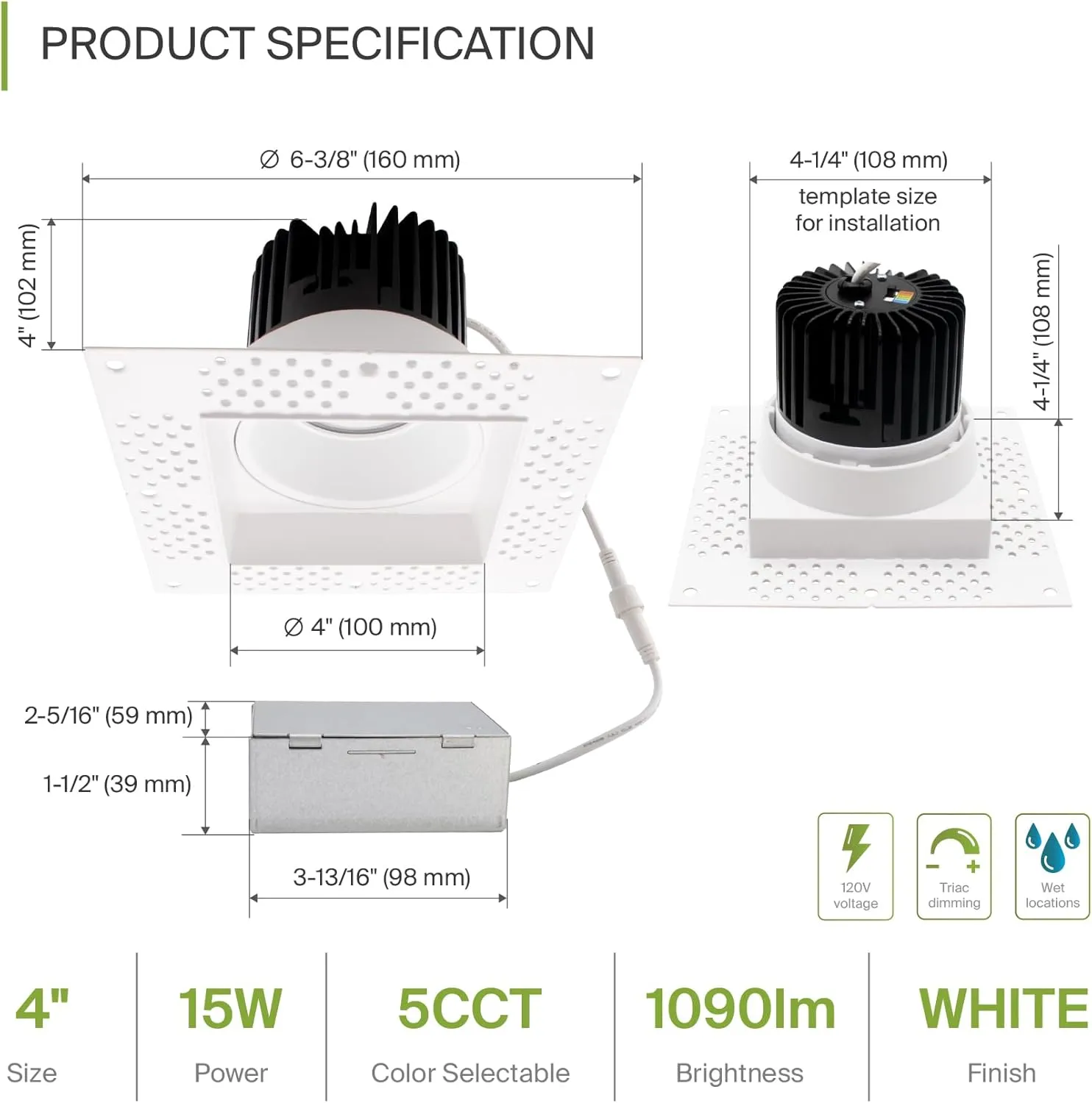 ASD Trimless LED Recessed Lighting 4 Inch, 15W 120V Square Commercial Downlight, Canless Dimmable Lights for Ceiling with J-Box, 5 CCT 2700K-5000K, CRI 90 , IC Rated, ETL, Energy Star, White