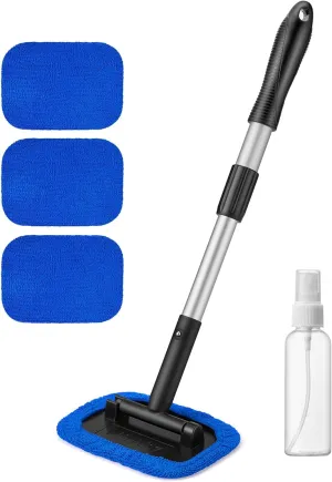 AstroAI Windshield Cleaner, Car Windshield Cleaning Tool Inside with 4 Reusable and Washable Microfiber Pads and Extendable Handle Auto Glass Wiper Kit, Blue