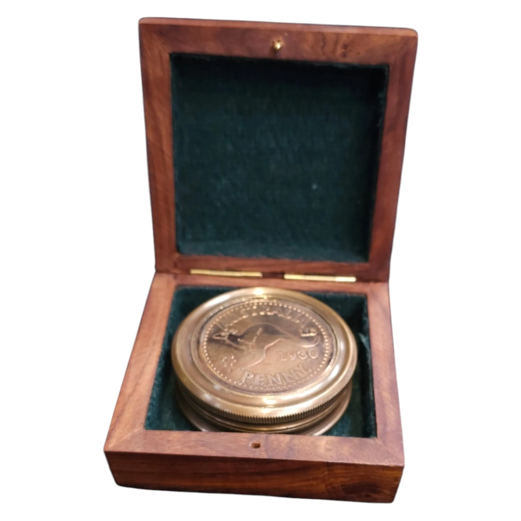 Australia Penny Brass Compass | Small Vintage-Style Nautical Compass with Wooden Box | Perfect Gift for Adventurers & Collectors