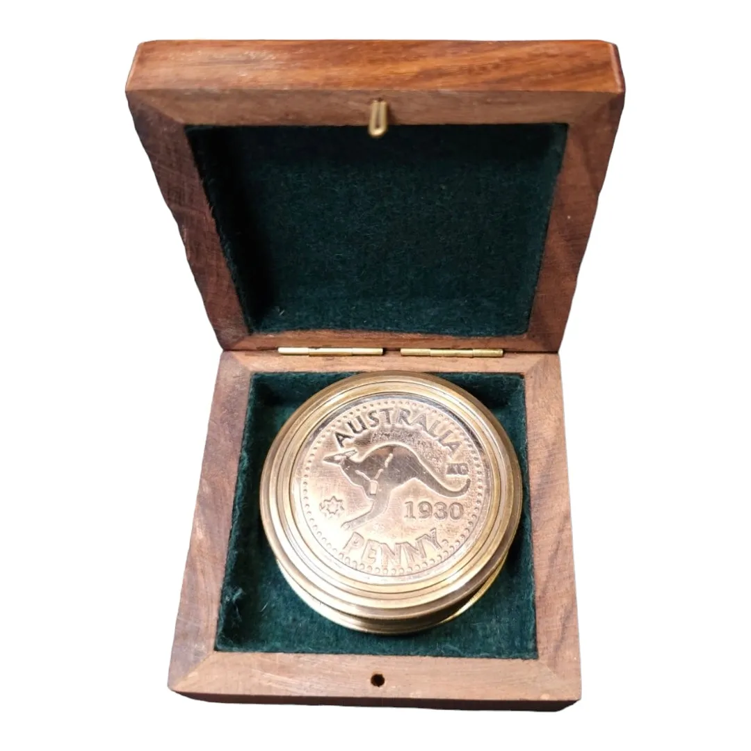 Australia Penny Brass Compass | Small Vintage-Style Nautical Compass with Wooden Box | Perfect Gift for Adventurers & Collectors