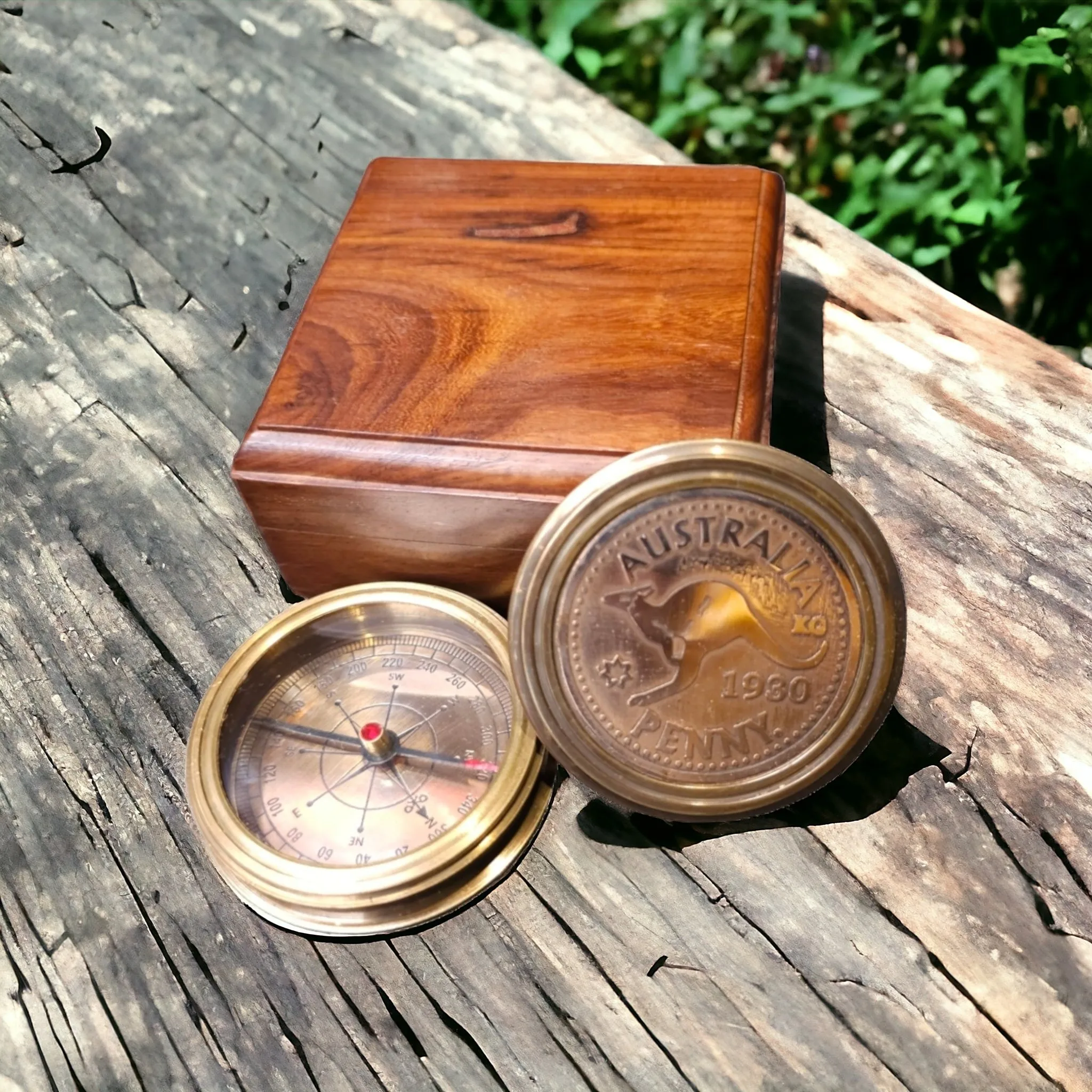 Australia Penny Brass Compass | Small Vintage-Style Nautical Compass with Wooden Box | Perfect Gift for Adventurers & Collectors