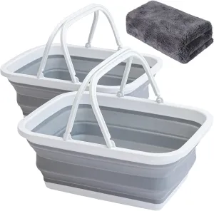 AUTODECO 2 Pack Collapsible Sink with Handle Towel, 2.37 Gal / 9L Foldable Wash Basin for Washing Dishes, Camping, Hiking and Home Gray
