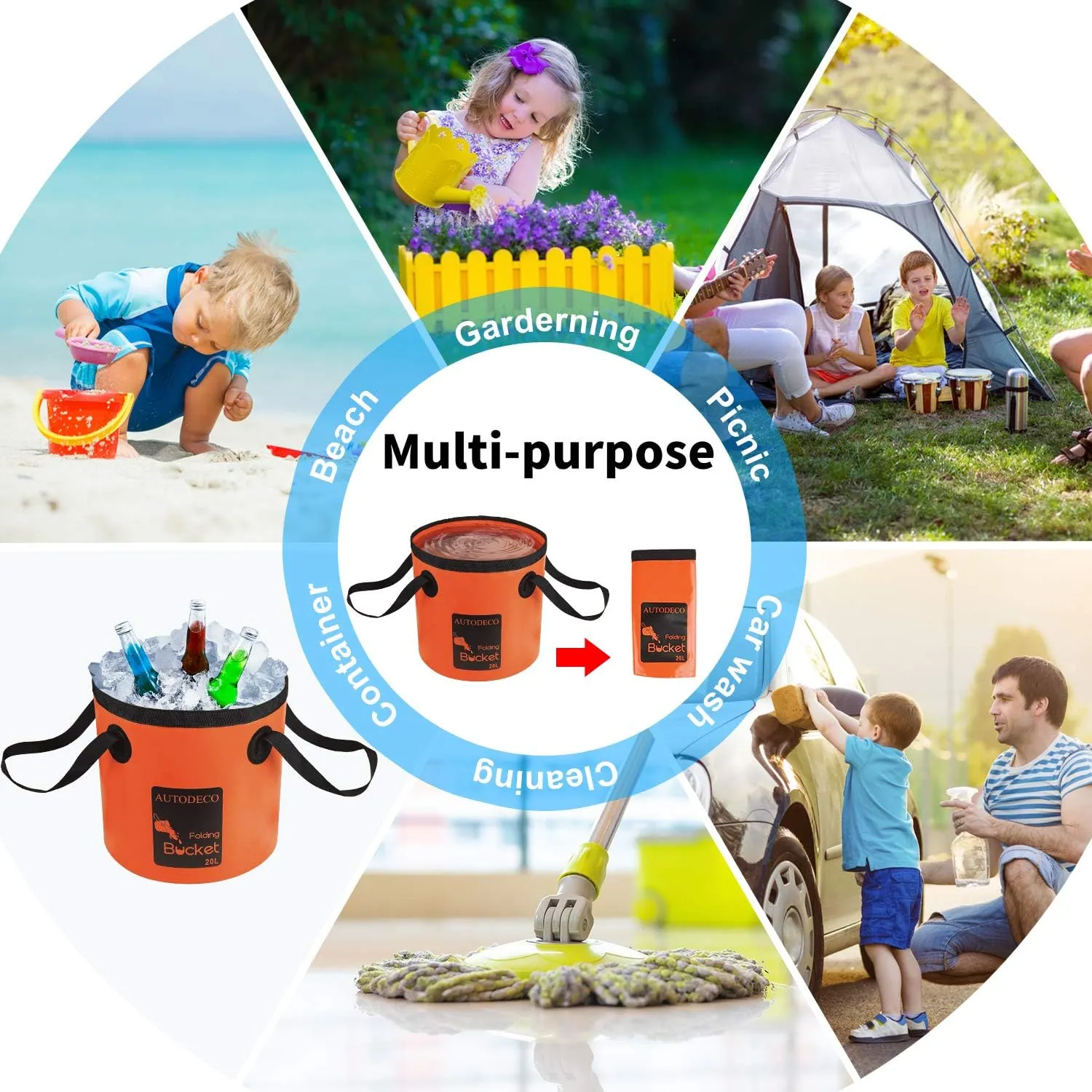 AUTODECO Collapsible Bucket 5 Gallon Container Folding Water Bucket Portable Wash Basin
