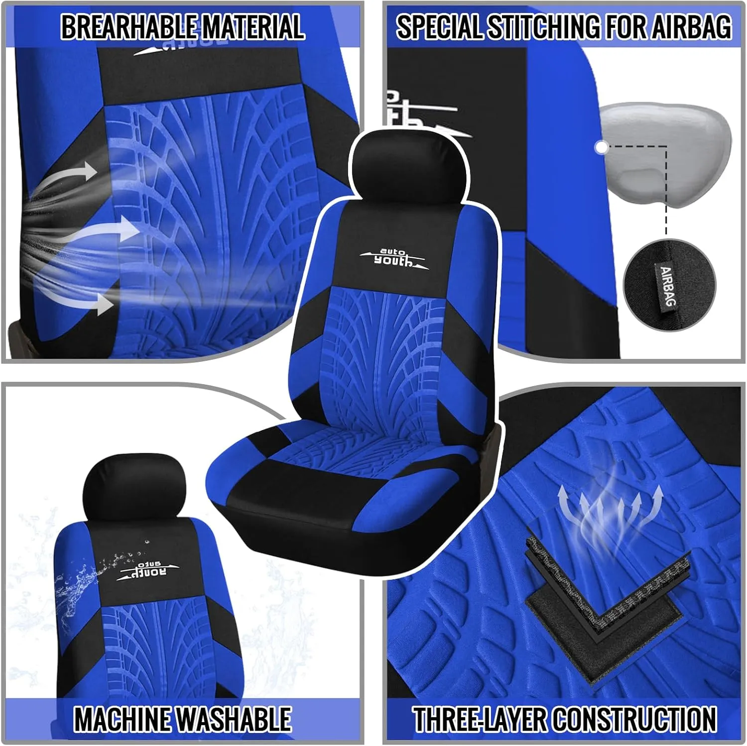 AUTOYOUTH Car Seat Covers for Front Seats, Breathable and Washable Bucket Seat Covers for Cars, Truck, SUV, Vans Airbag Compatible Automotive Interior Covers, Blue…