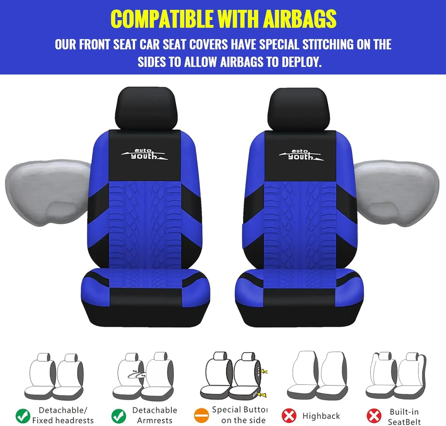 AUTOYOUTH Car Seat Covers for Front Seats, Breathable and Washable Bucket Seat Covers for Cars, Truck, SUV, Vans Airbag Compatible Automotive Interior Covers, Blue…